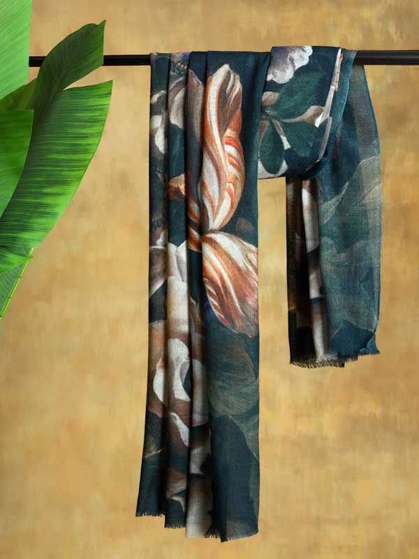 Ethereal Floral Art Wool Stole - Petrol Blue