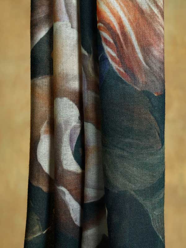 Ethereal Floral Art Wool Stole - Petrol Blue