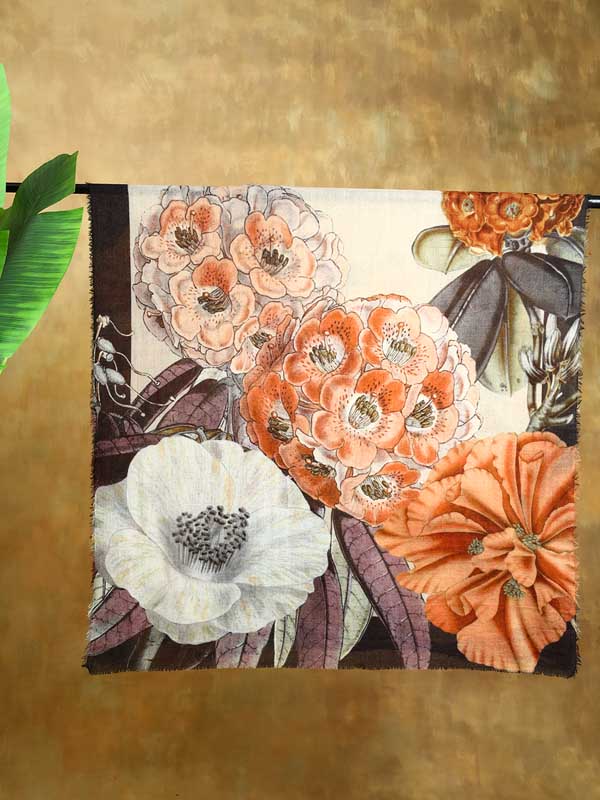 Les Grand Fleurs Wool Stole - Cloud, Apricot