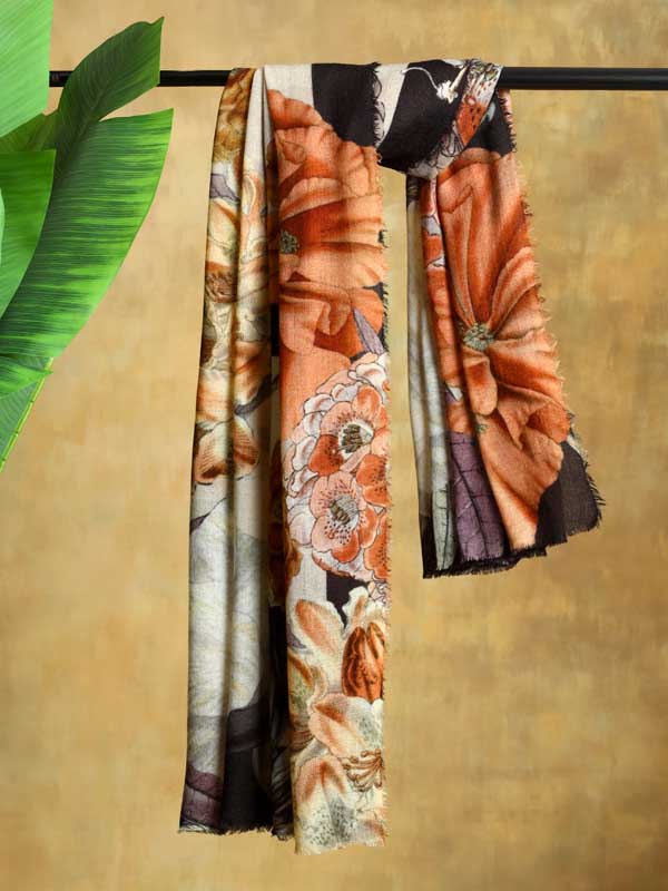 Les Grand Fleurs Wool Stole - Cloud, Apricot