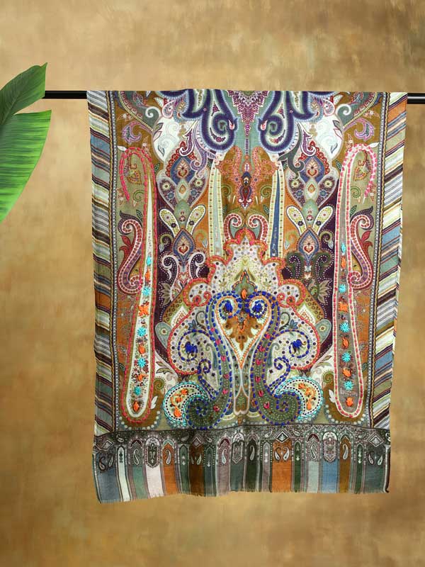 Ambi Jama Wool Hand Embroidery Stole - Vert Green