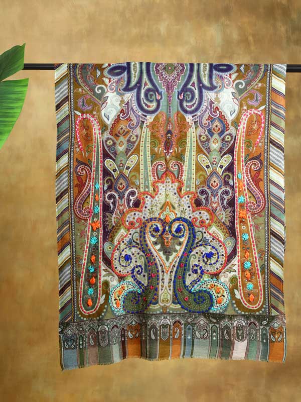 Ambi Jama Wool Hand Embroidery Stole - Vert Green