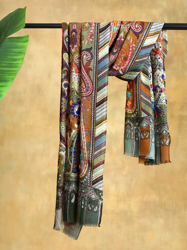 Ambi Jama Wool Hand Embroidery Stole - Vert Green