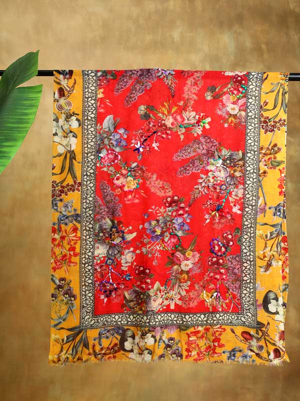 Garden Grace Wool Hand Embroidery Scarf - Merigold, red