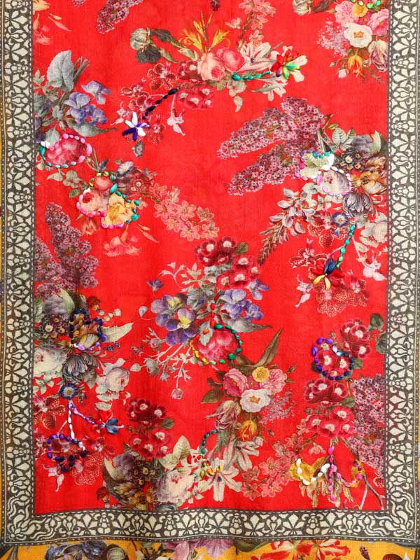 Garden Grace Wool Hand Embroidery Scarf - Merigold, red