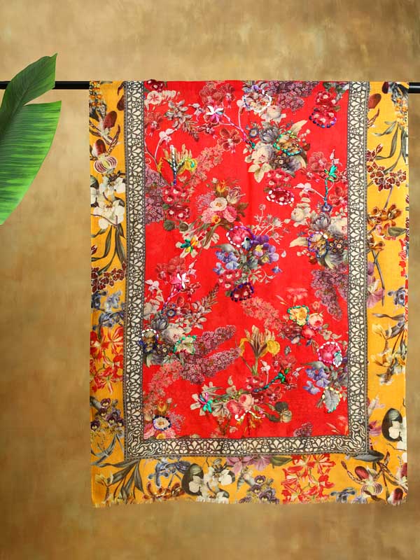 Garden Grace Wool Hand Embroidery Scarf - Merigold, red