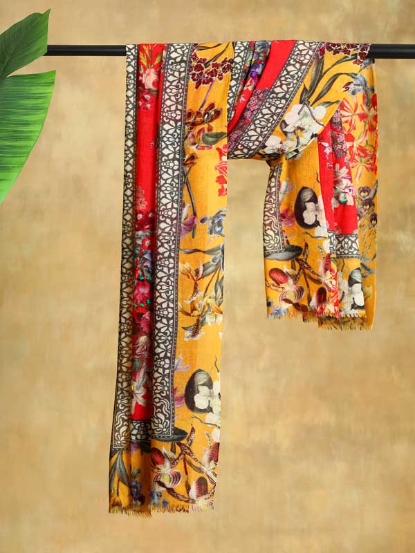 Garden Grace Wool Hand Embroidery Scarf - Merigold, red