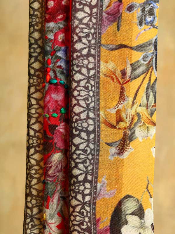 Garden Grace Wool Hand Embroidery Scarf - Merigold, red