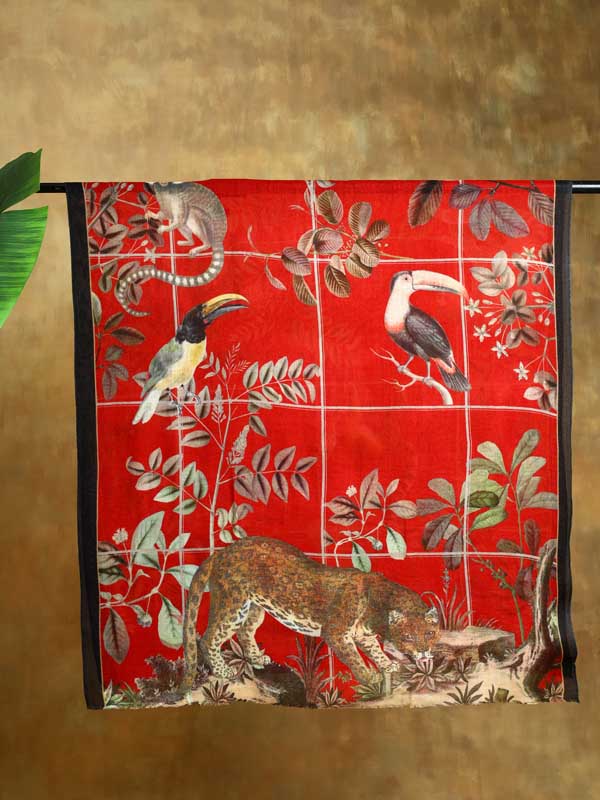 Savanna Animals Wool Print Stole - Ranikhet Red