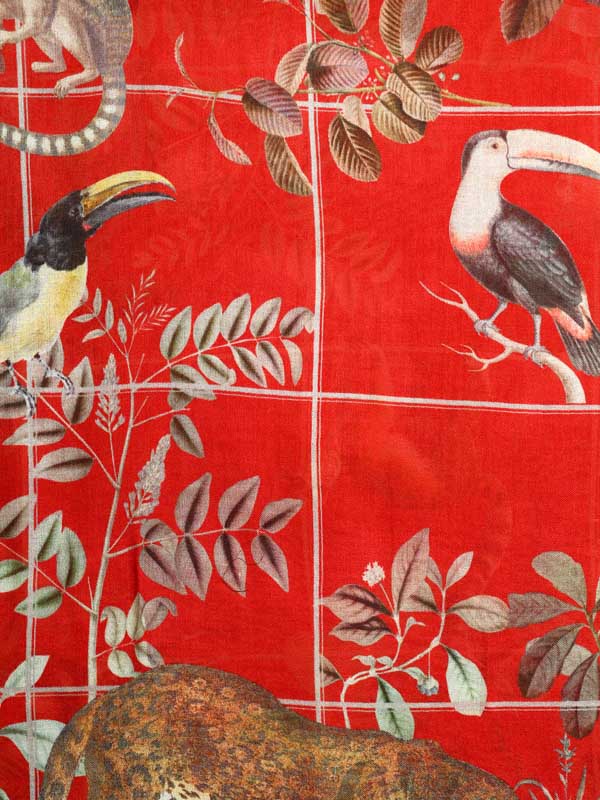Savanna Animals Wool Print Stole - Ranikhet Red