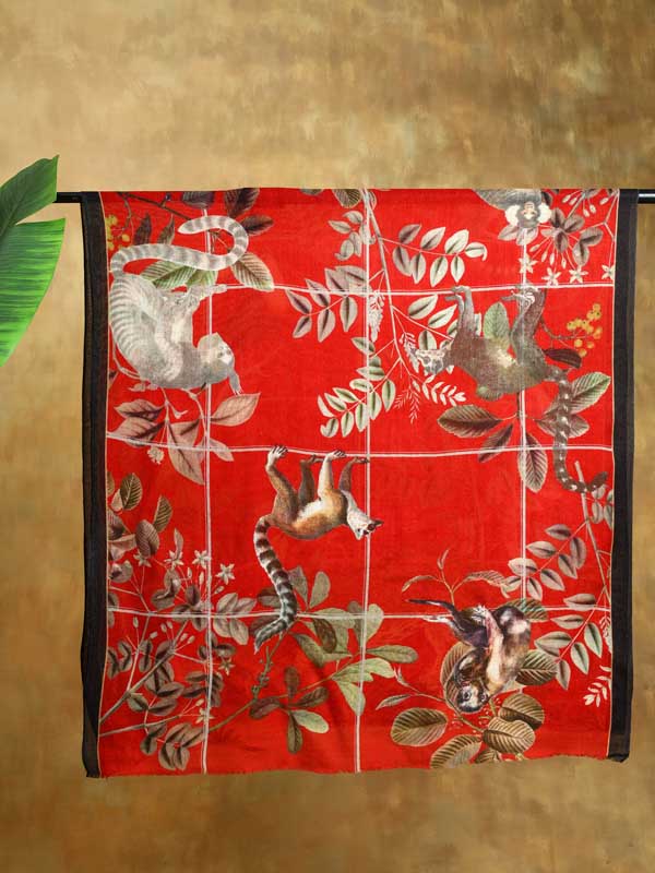 Savanna Animals Wool Print Stole - Ranikhet Red