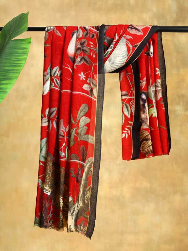 Savanna Animals Wool Print Stole - Ranikhet Red