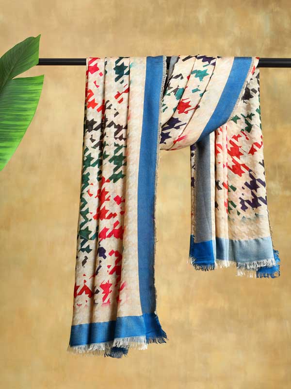 Pied de Poule Wool Self Weave Scarf - Cobalt