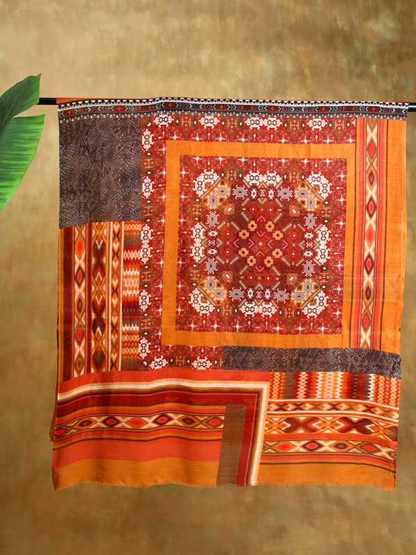 Tribal Geometry Merino Print Stole - Oaxaca Orange