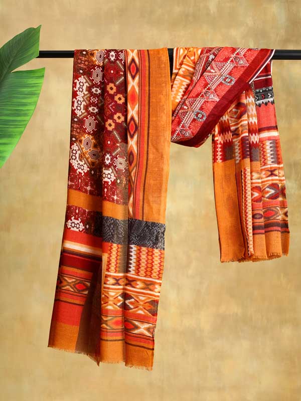 Tribal Geometry Merino Print Stole - Oaxaca Orange