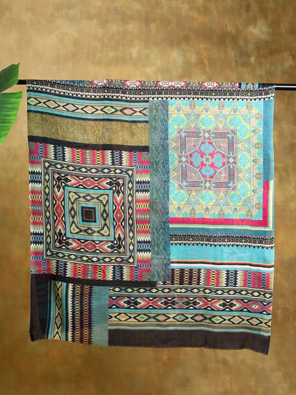Tribal Geometry Merino Print Stole - Tulum Teal