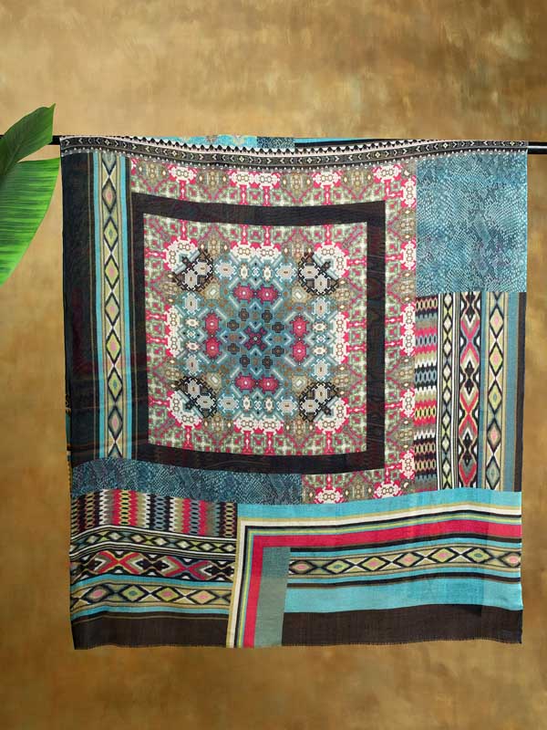 Tribal Geometry Merino Print Stole - Tulum Teal
