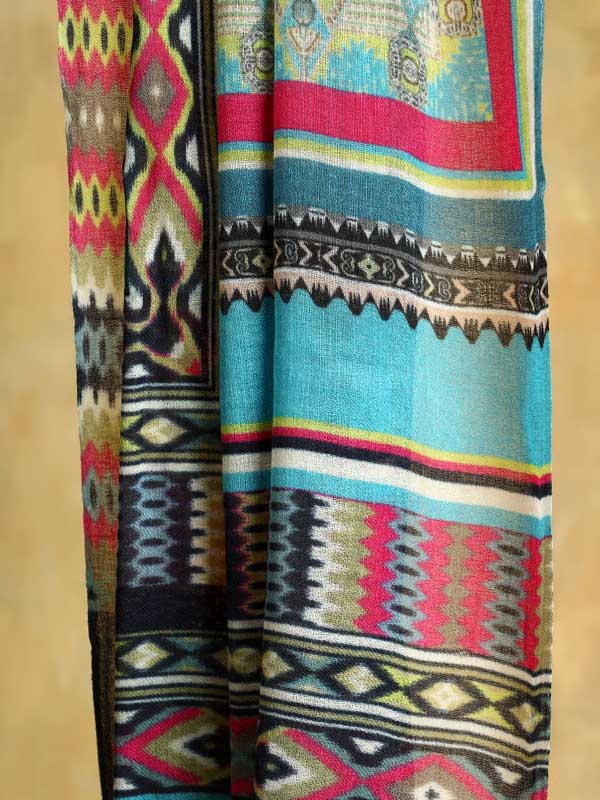 Tribal Geometry Merino Print Stole - Tulum Teal