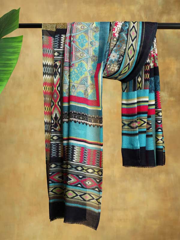 Tribal Geometry Merino Print Stole - Tulum Teal