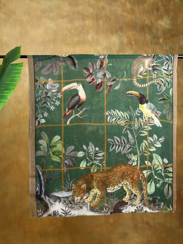 Savanna Animals Wool Print Stole - Gwalior Green