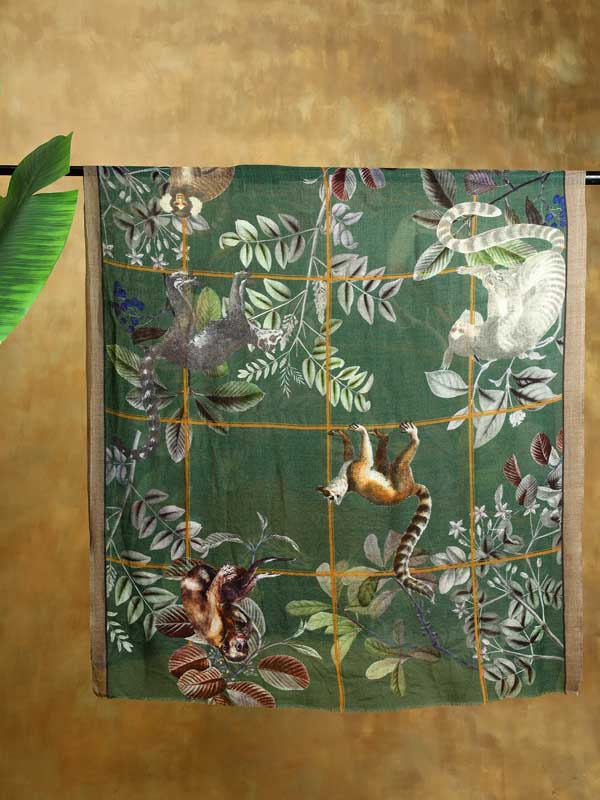 Savanna Animals Wool Print Stole - Gwalior Green