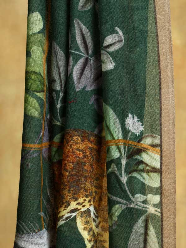 Savanna Animals Wool Print Stole - Gwalior Green