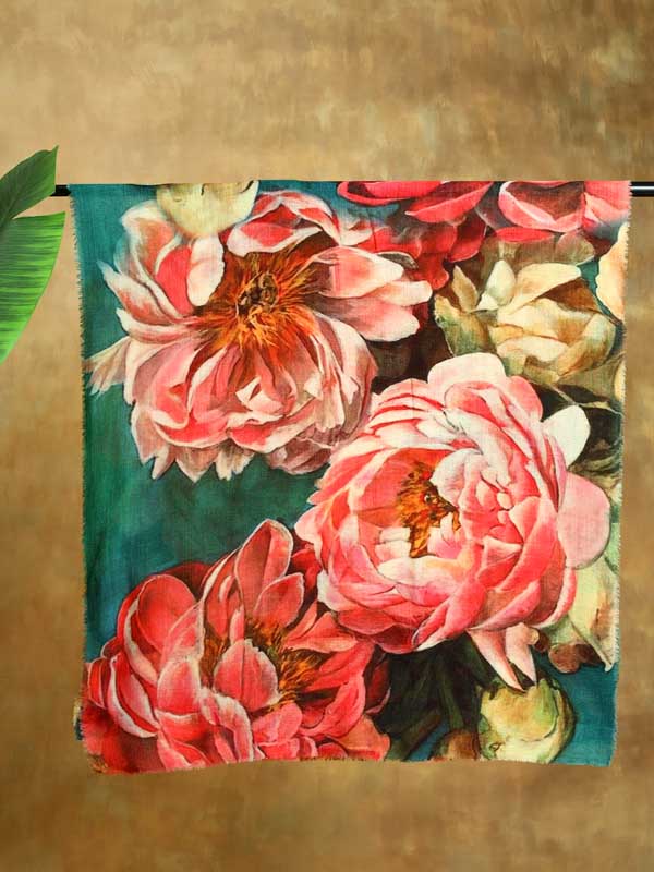 Les Grand Fleurs Wool Stole - Rose, Petrol