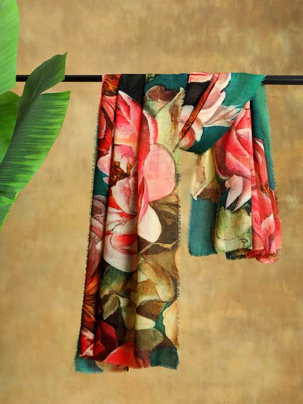 Les Grand Fleurs Wool Stole - Rose, Petrol