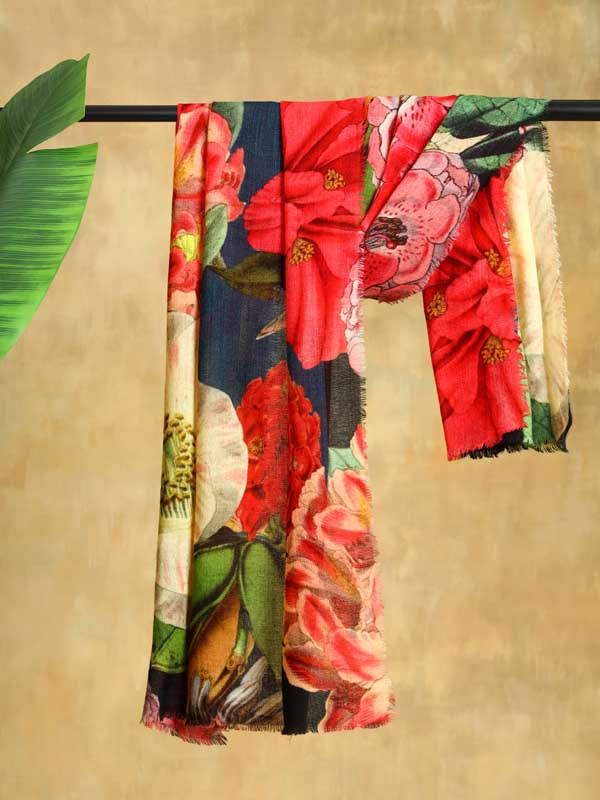 Dreamy Dandelions Wool Scarf - Navy, Red