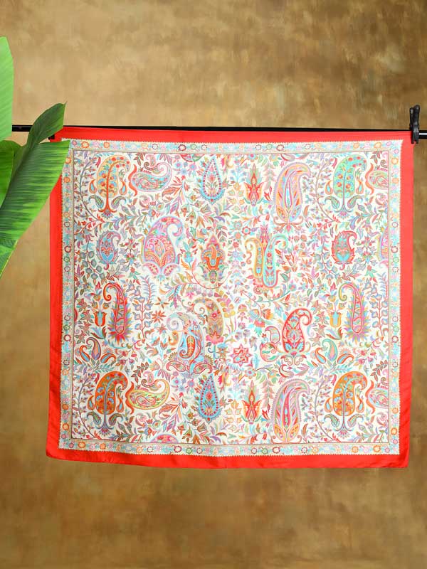 Almond Paisley Silk Blend Square Scarf - Crimson Ivory