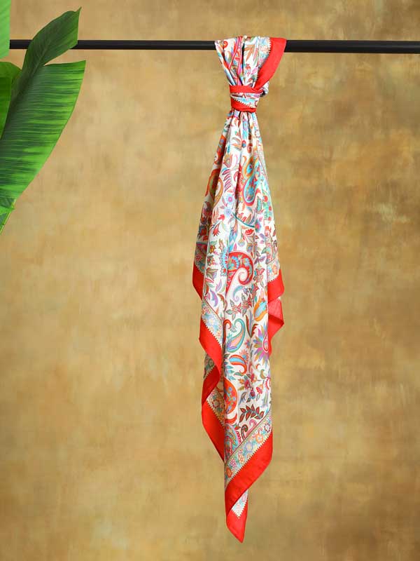 Almond Paisley Silk Blend Square Scarf - Crimson Ivory