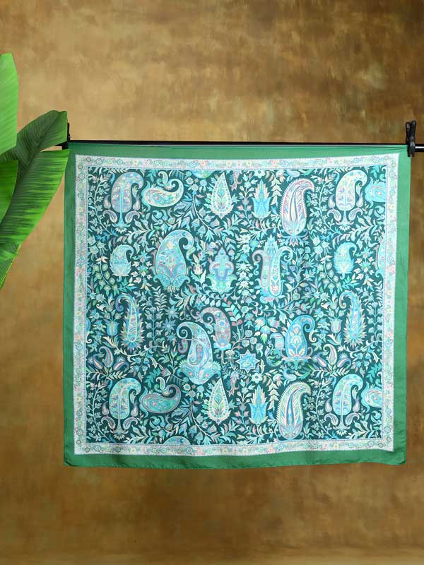Almond Paisley Silk Blend Square Scarf - Tuscan Turquoise