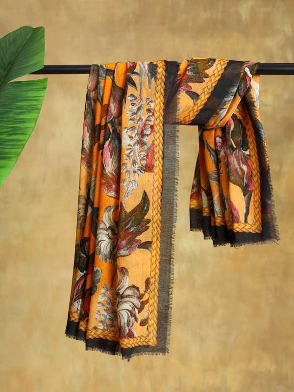 Petaled Blossoms Oversize Wool Silk Foulard - Merigold