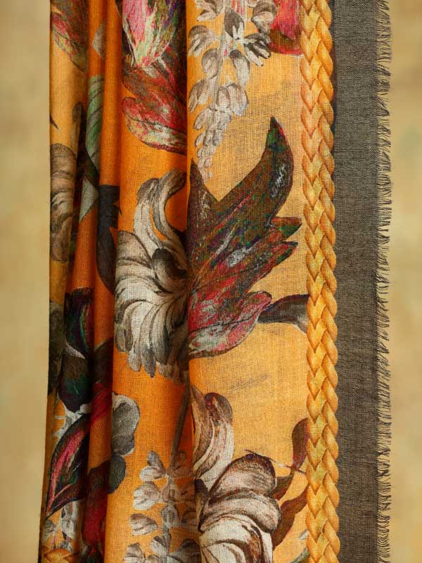 Petaled Blossoms Oversize Wool Silk Foulard - Merigold