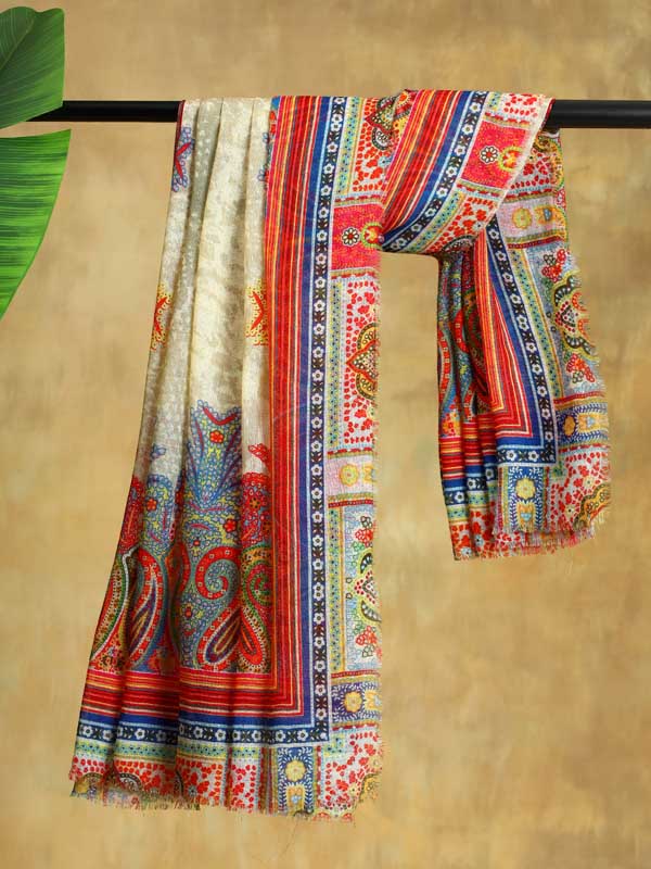 Daur Paisley Oversize Wool SIlk Foulard - Cream Multi