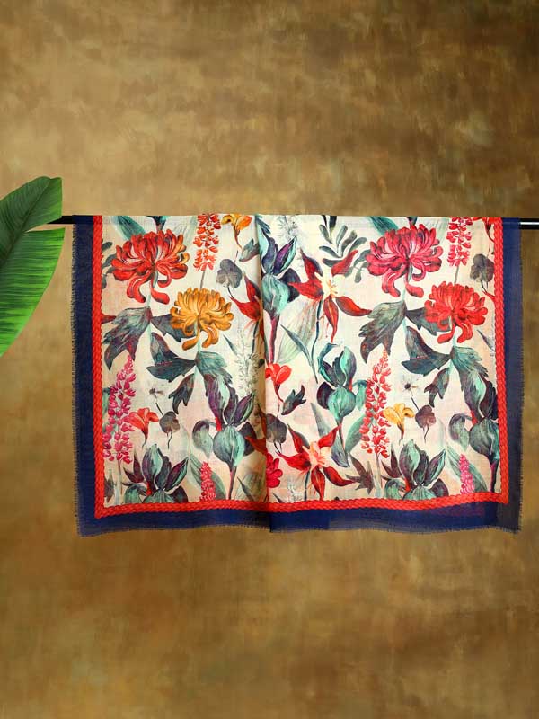 Petaled Blossoms Oversize Wool SIlk Foulard - Cobalt Offwhite