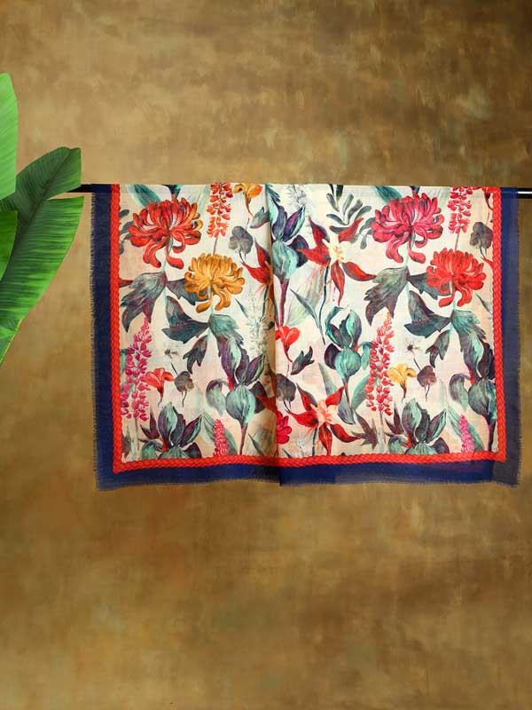 Petaled Blossoms Oversize Wool SIlk Foulard - Cobalt Offwhite