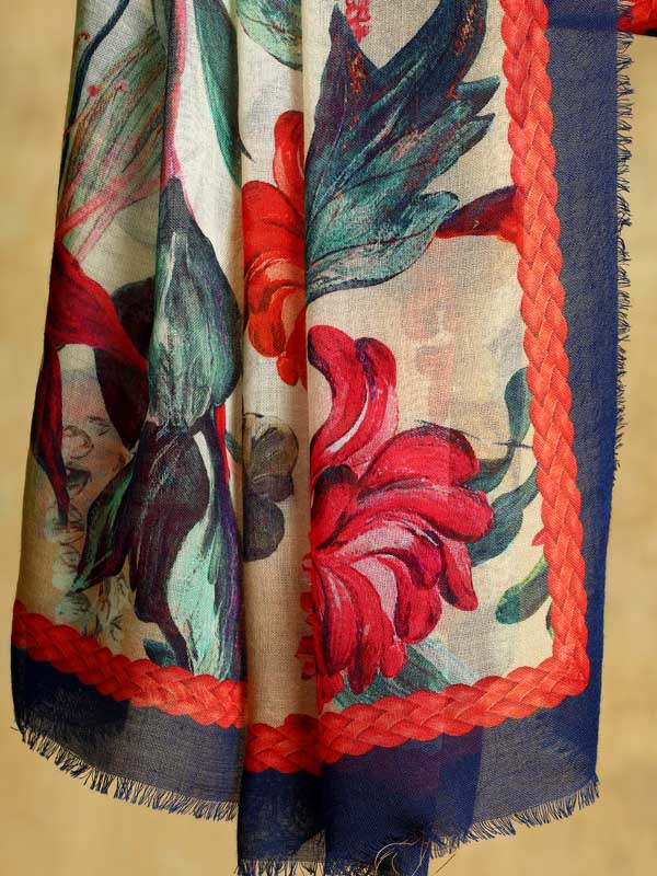 Petaled Blossoms Oversize Wool SIlk Foulard - Cobalt Offwhite