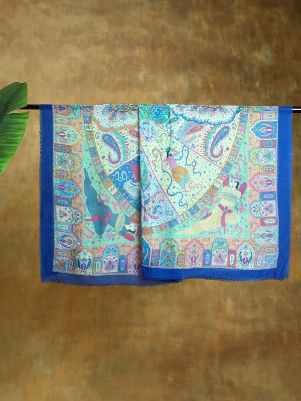 Mehez Durbar Oversize Wool Silk Foulard - Firozi Blue