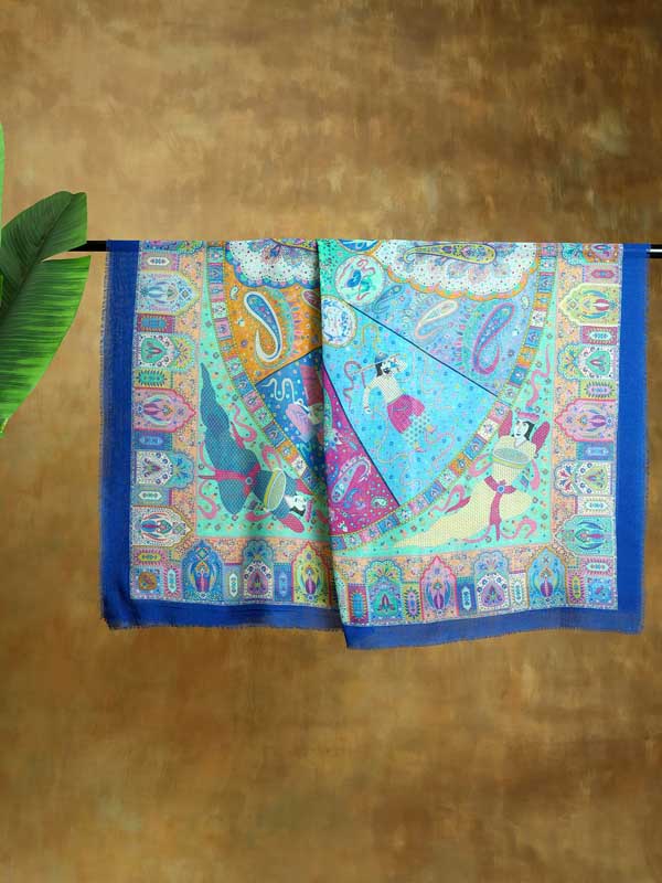 Mehez Durbar Oversize Wool Silk Foulard - Firozi Blue