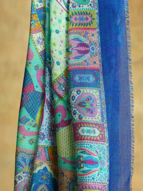 Mehez Durbar Oversize Wool Silk Foulard - Firozi Blue