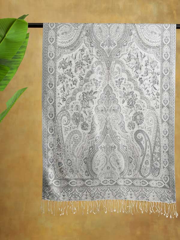 Paisley Jaal Silk Stole - Grey Offwhite