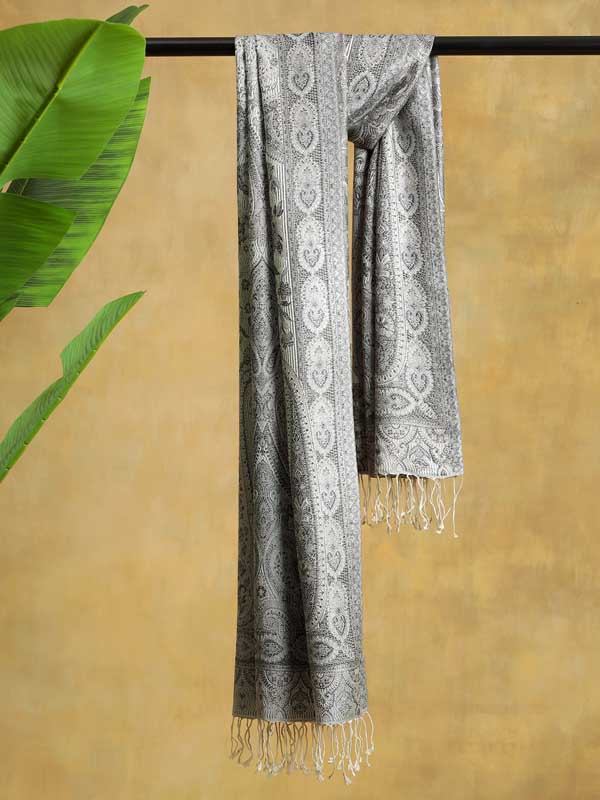 Paisley Jaal Silk Stole - Grey Offwhite