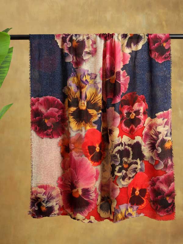 Floral Skin Print Merino Wool Scarf - Sand, Jeans