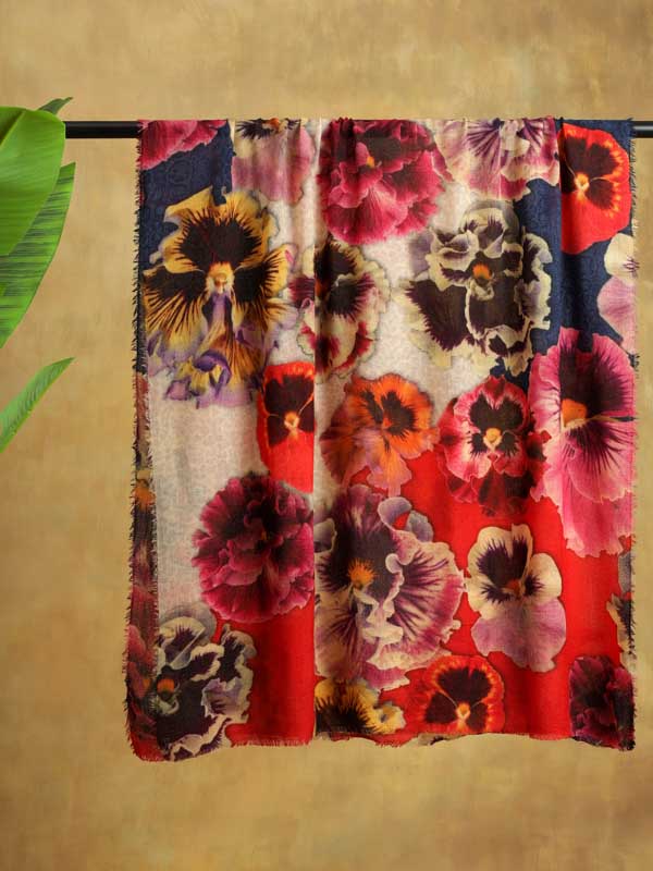 Floral Skin Print Merino Wool Scarf - Sand, Jeans