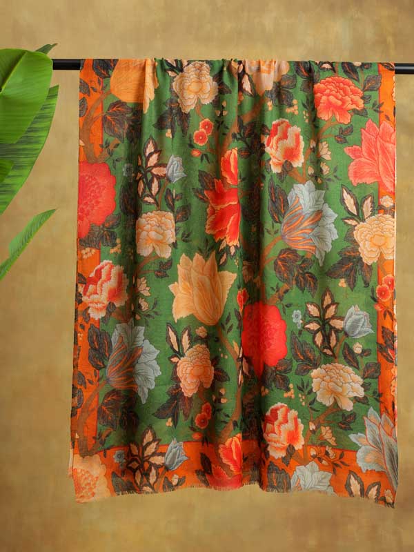 Wall of Flowers Merino Wool Scarf -Thyme Green, Multi