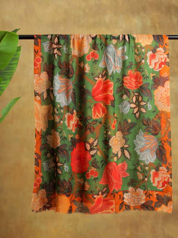 Wall of Flowers Merino Wool Scarf -Thyme Green, Multi