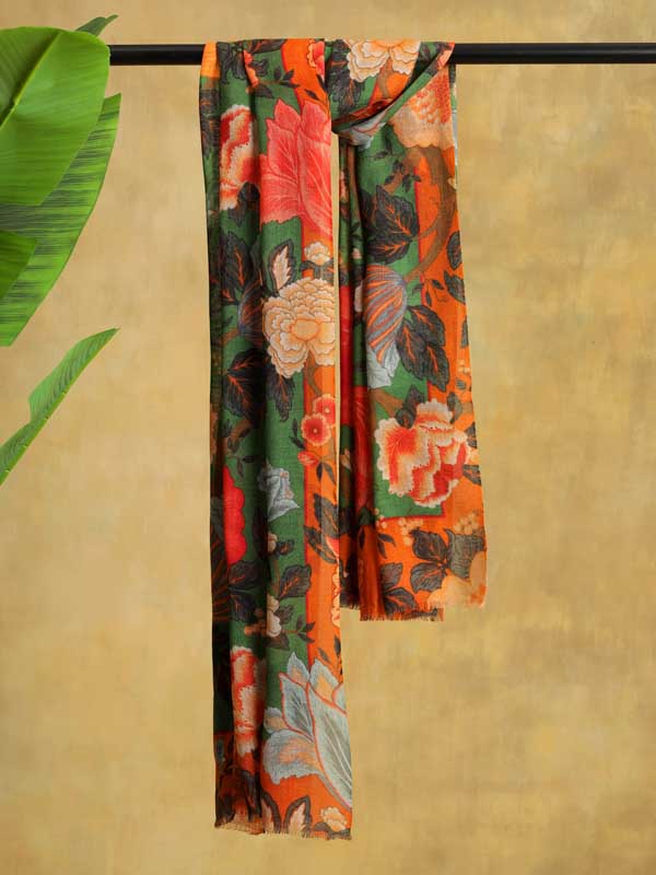 Wall of Flowers Merino Wool Scarf -Thyme Green, Multi