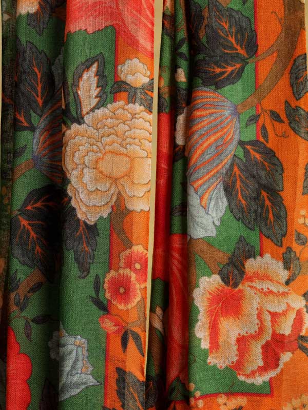 Wall of Flowers Merino Wool Scarf -Thyme Green, Multi