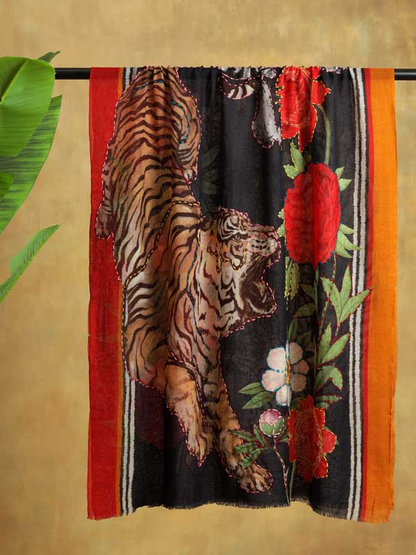 Roaring Tigress Hand Emb Wool Stole - Navy, Multi